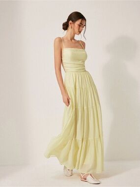 Commense Light Yellow Tiered Maxi Dress with Spaghetti Straps